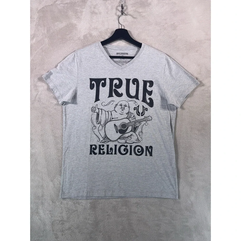 True Religion V Neck Shirt Mens Size Medium Gray Buddha Logo Retro Classic